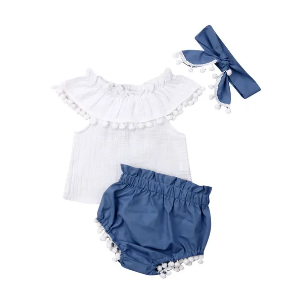 

Summer Newborn Baby Girl Off shoulder Tassel Ball White Tank Tops Baby Bloomers Shorts Headband 3PCS Outfits Girls Clothes Set
