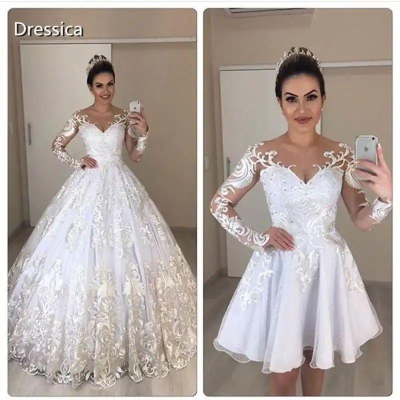 Long Sleeve Two Piece Wedding Dress With Detachable Skirt Short