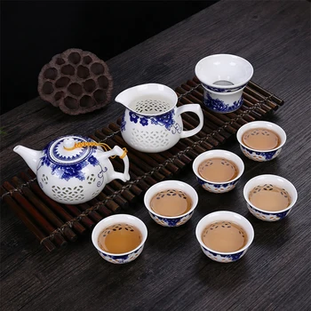 

10PCS Openwork set of hollow kung fu combination, Blue and white ceramic teapot set, good giftsDelicate honeycomb hollow tea set