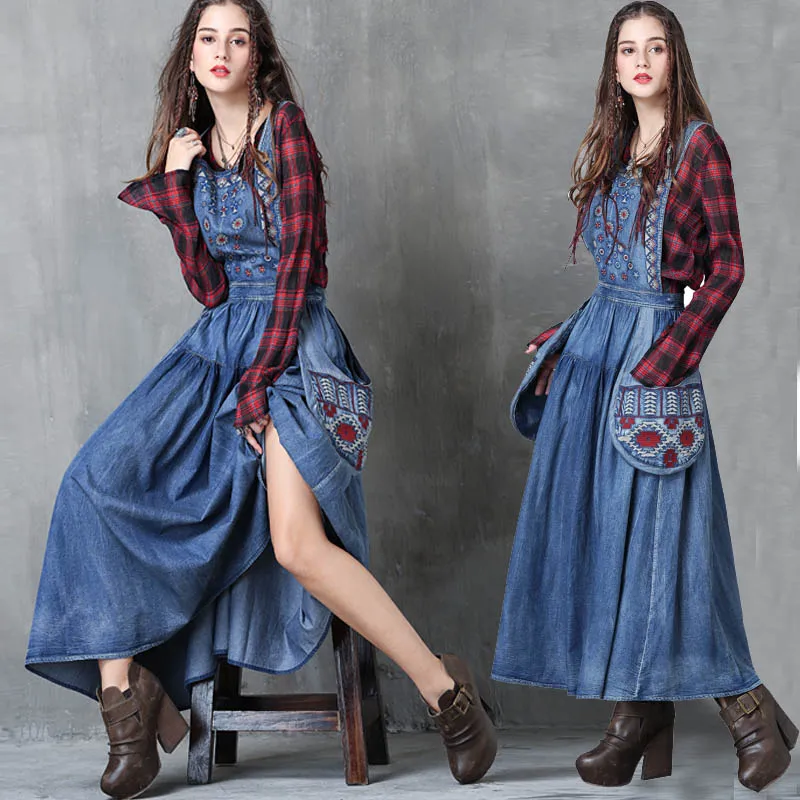 

Free Shiping 2017 Vintage Women Long Maxi Sleeveless Summer Denim Cotton Dresses High Quality Embroidery Dresses With Pockets