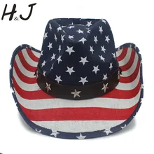 Ручной работы летние соломенные Для женщин Для мужчин полые западная ковбойская шляпа с американским флагом