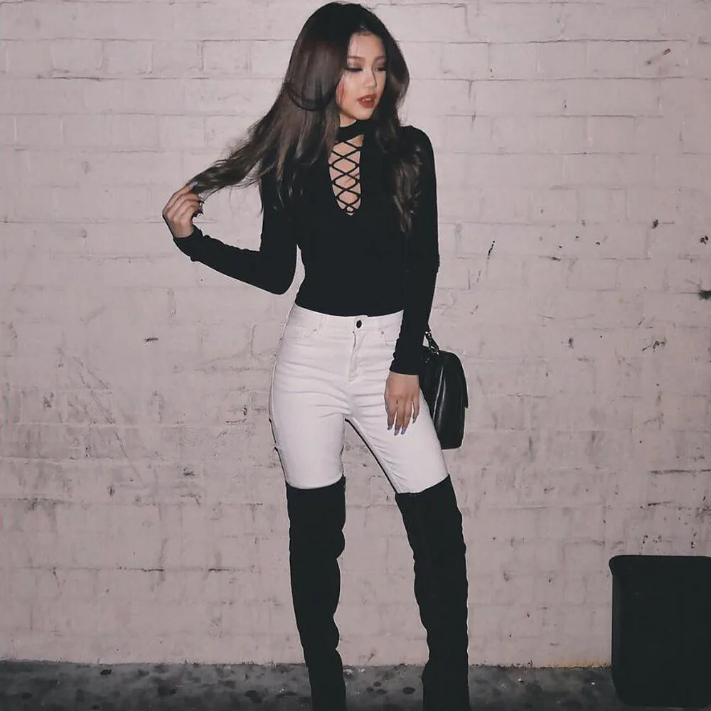 

2017 Knitted lace up bodysuit high neck women jumpsuit sexy club bodycon bodysuit women tops cut out party blouse black blusa
