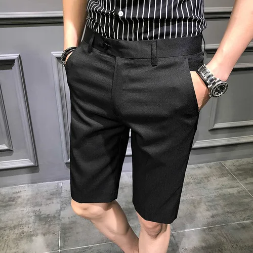 Короткий костюм брюки мужские платья брюки красные пятые Брюки Slim Fit Королевский синий Pantalon Slim Homme летние шорты Calca Social casual - Цвет: Черный