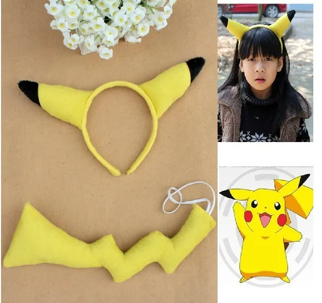 

Free shipping Animal set headband tail Anime Pokemon PIKACHU ear hairband tail COSTUME PARTY SET