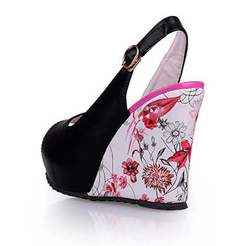Florral Print Wedges Heel Sandals Summer Shoes Woman Buckle Strap Slingbacks Platform Thick Bottom High Heels Sandals Women E02 (4)