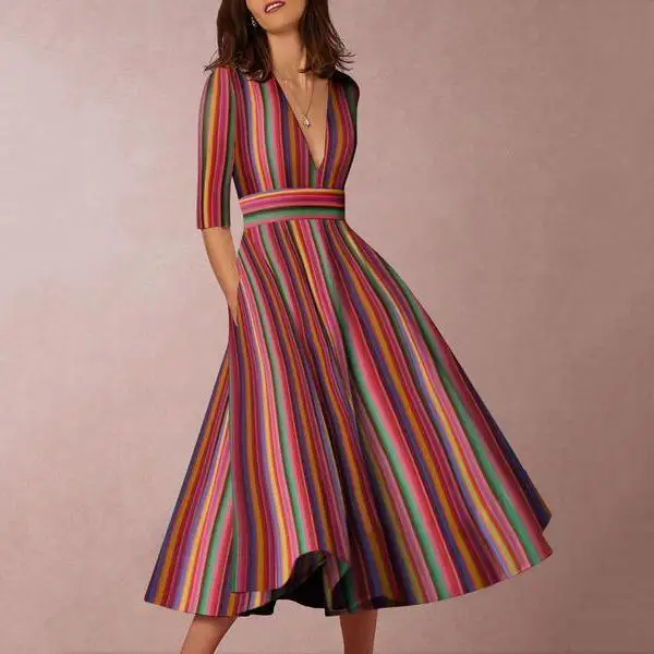 

Office Lady Fashion Sexy Bohemian Beach Dresses V Neck Striped Maxi Runway Dress Middle Sleeve Spring Vestido