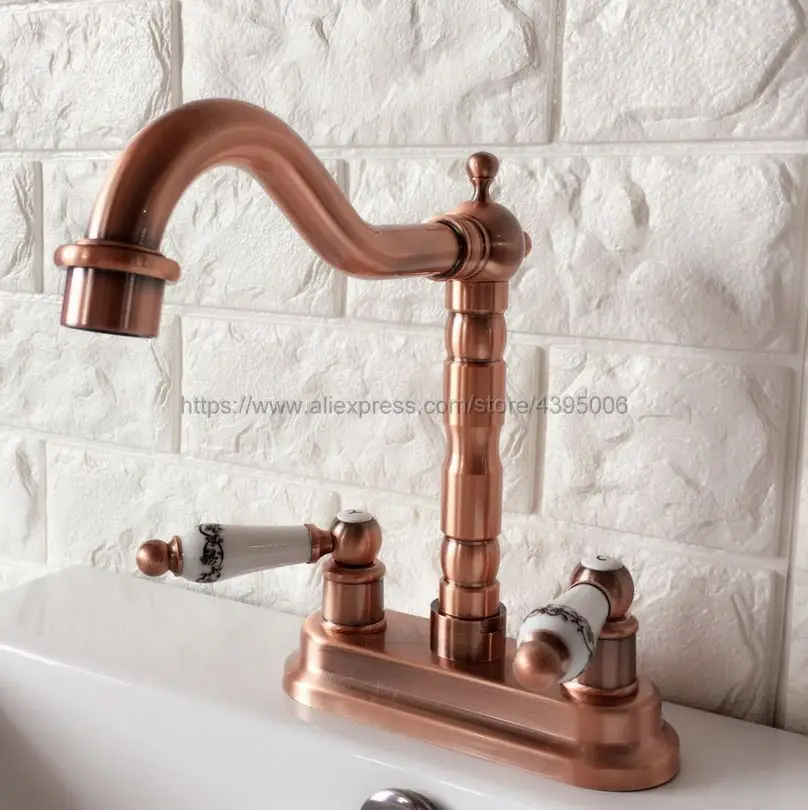 Antique Red Copper Double Handle Double Holes Bathroom Basin Faucet Brass Vessel Sink Water Tap Mixer Brg045