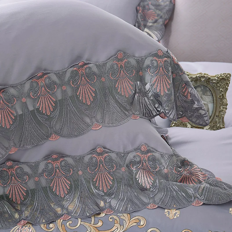 Waliicorners Gray 100%Cotton Lace Duvet Cover Bed sheet Set Embroidery Queen/King Size Bedclothes Luxury Bedding Sets Pillowcase ropa de cama 28 1.2310088
