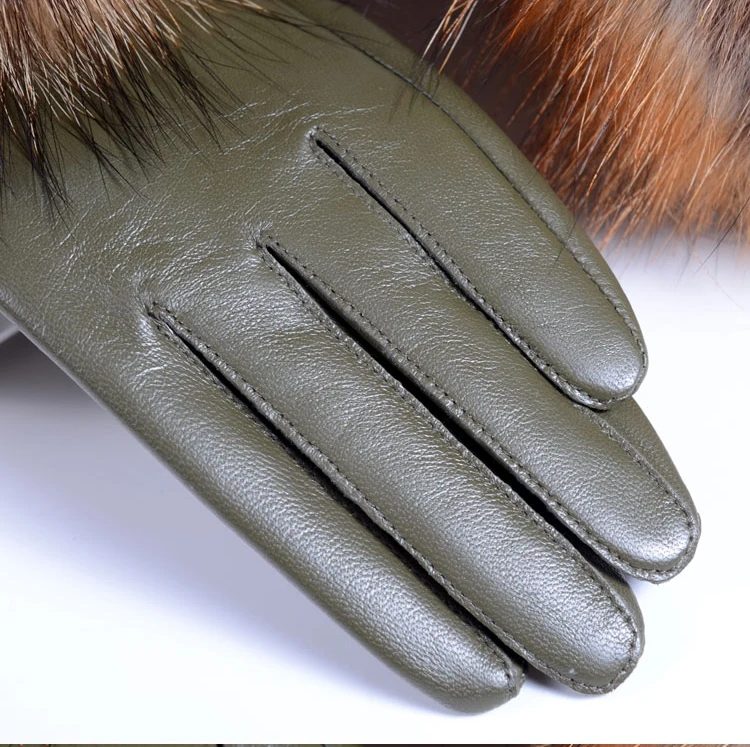 RYG2104 брендовые новые женские перчатки из натуральной кожи с мехом енота женские европейские тонкие черные/темно-красные/зеленые перчатки для вождения