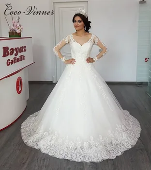 

Long Sleeve Embroidery Beads Vintage Arab Wedding Dress 2019 Ball Gown Illusion Muslim Plus Size Bride Dress Wedding Gown W0203