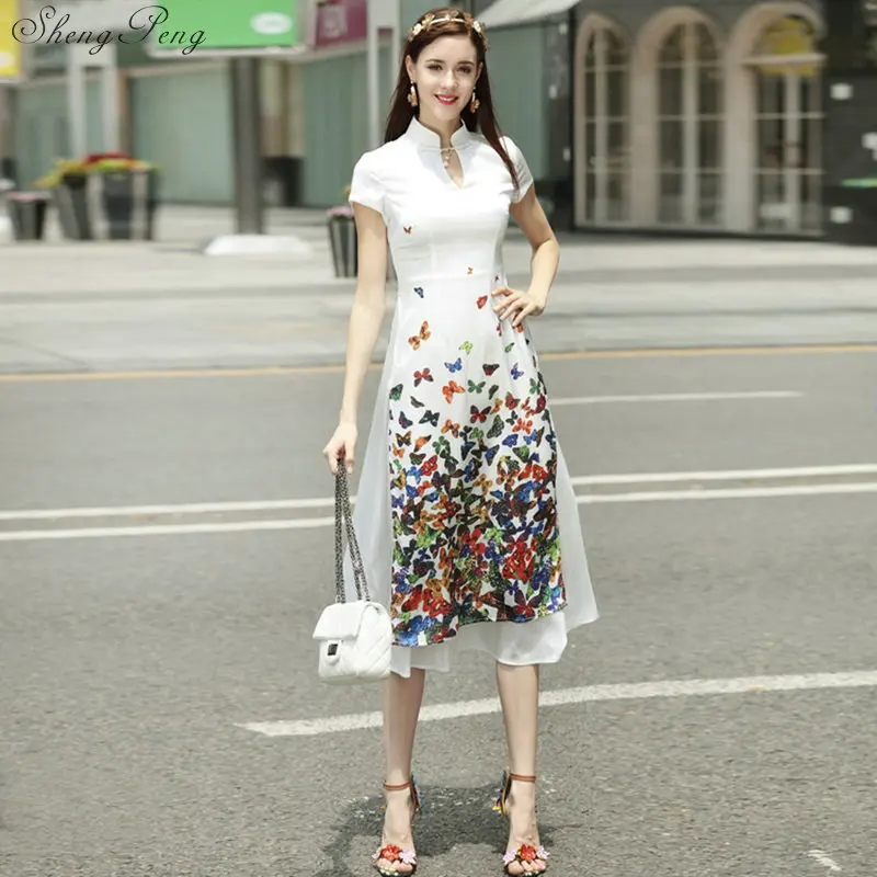 summer vietnam aodai chinese traditional dress qipao long chinese cheongsam dress robe chinoise modern cheongsam Q303 - Цвет: 2