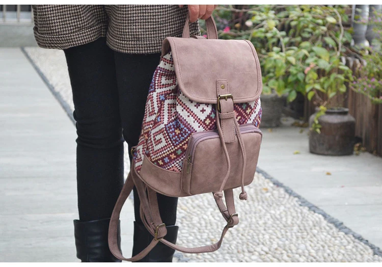 Longmiao, богемный принт, холст+ кожа, женский рюкзак, для путешествий, на шнурке, для студентов, школьный рюкзак для девочек, рюкзаки, Mochilas