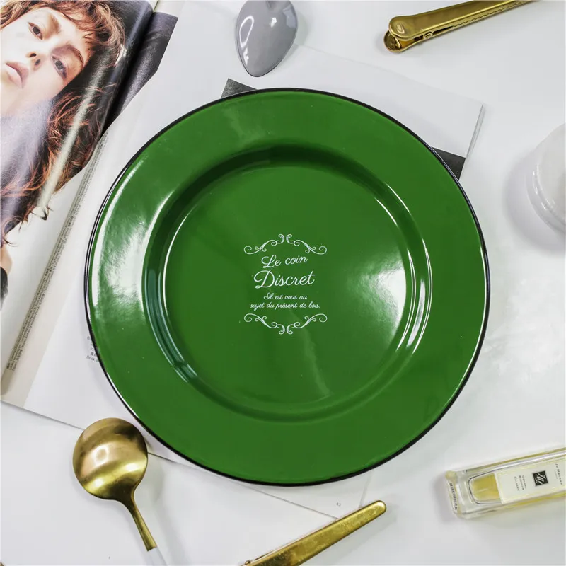 

24 cm Retro Army Porcelain Enameled Green Home Breakfast Disc Thicken Enamel Tableware Plate Flat Dish