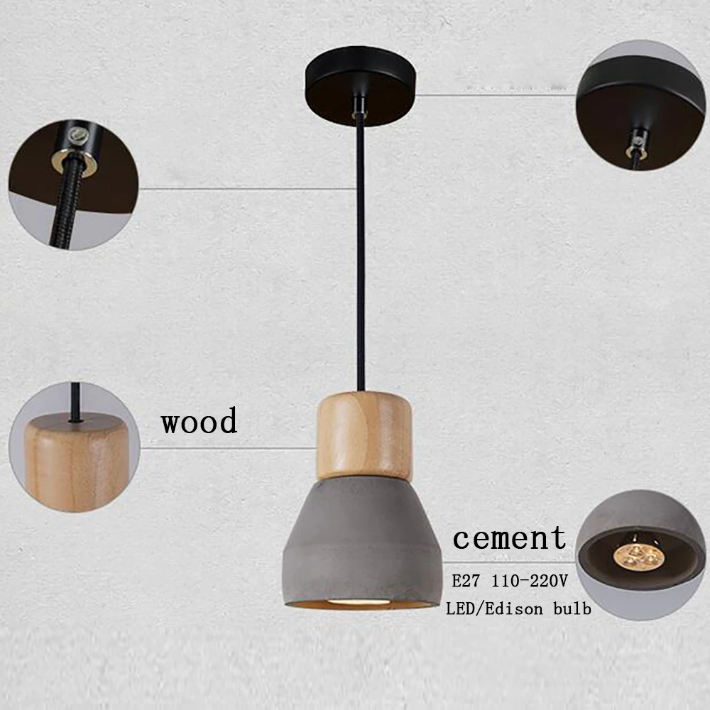  4 color brief Loft Nordic Style wood Cement Pendant lights modern Light led E27 cord lamp Restauran - 32798302659