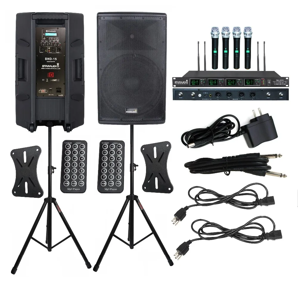 dual 15 inch dj pa speaker party stage powered speaker stands 4ch uhf mic