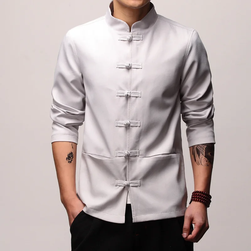 Mens Traditional Chinese Clothing Spring Autumn Solid Tang Suit Men Kung Fu Tai Chi Master Costume Male Tops Jackets CN-003