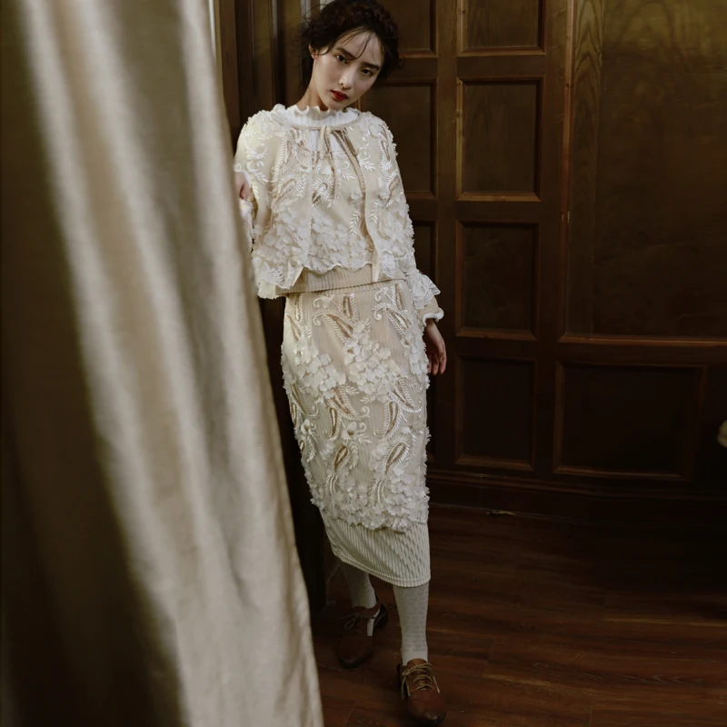 LYNETTE S CHINOISERIE flowers three dimensional flower exquisite embroidery spilliness step slim font b skirt b