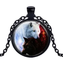 Ouro/cor preta pingente colar vintage branco lobo imagem de vidro cabochão declaração corrente colar estilo verão jóias
