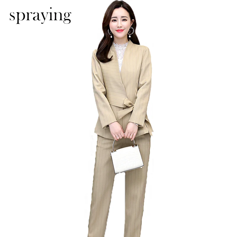 

2019 Spring two piece set women Striped trends fashion sets long sleeve office lady Suit ensemble femme top and pants