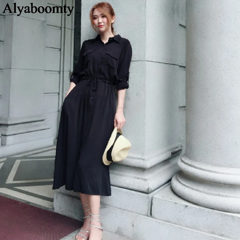 

Autumn Spring Women Long Black Shirt Dress Korean Style Elegant Loose Cardigan Vestidos Longo Classical Midi Dress With Pockets