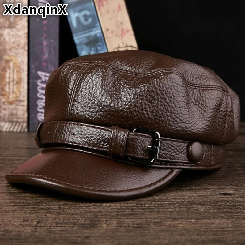 

XdanqinX Elegant Genuine Leather Hat Autumn Winter Warm Cowhide Leather Military Hats For Men Women High Quality Brands Flat Cap