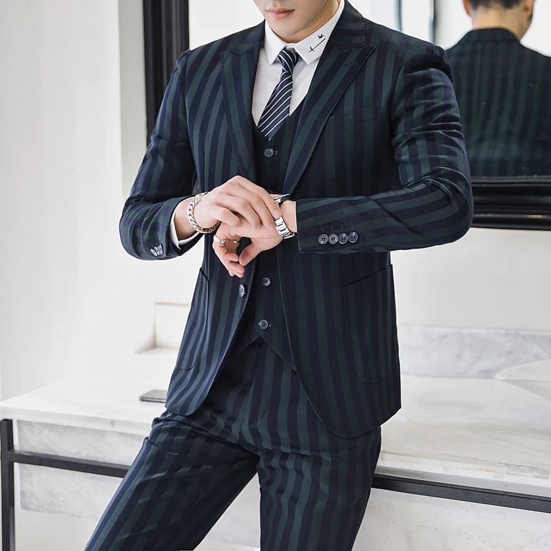 2019 Для мужчин костюм в полоску куртки + брюки + жилеты Бизнес свадебный банкет элегантный Костюмы Для мужчин s костюм-тройка комплект Азии