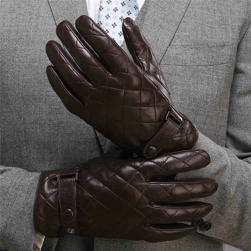 Men's Genuine Leather Gloves Male Autumn Winter Plush Lined Fashion Wrist Button Lambskin Leather Gloves M020NC-1