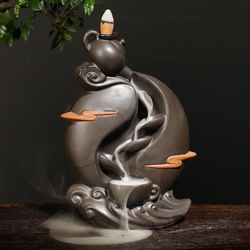 

With 10Pcs Incense Cones,Waterfall Backflow Incense Burner Teapot Incense Holder Ceramic Censer