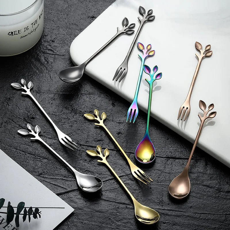 

Small Mini Stainless Tea SpoonSteel Leaf Shape fork Spoon Coffee Spoon Teaspoon Dessert Spoon Long Handle Tableware Gold