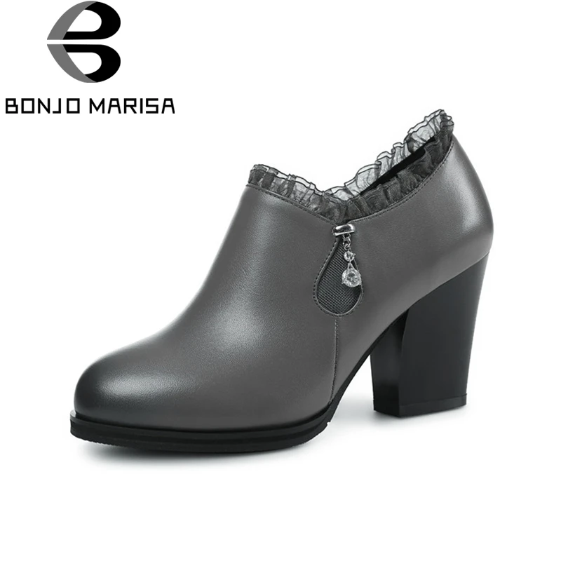 

BONJOMARISA 2018 Spring Autumn Fashion Genuine Leather Women Lace Pumps High Heels Platform Zip Ol Shoes Woman