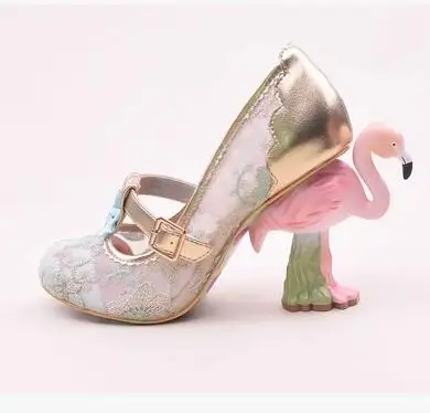 

new fashion Painted flamingo embroidery hollow Mesh sequins lace flower Flamingo heel woman shoes Flamingo high heel shoes