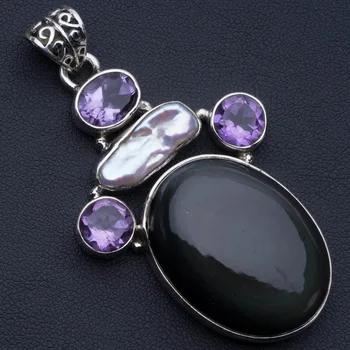 

Natural Black Cat Eye,Biwa Pearl and Amethyst Punk Style 925 Sterling Silver Pendant 2 1/2" P0608