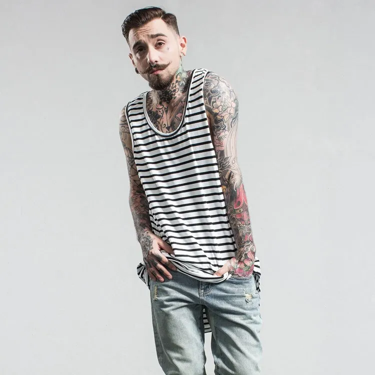 Aolamegs Tank Tops Men Extended Black White Striped Tee Sleeveless T Shirts Homme 2017 Spring Summer Hip Hop Fashion Streetwear (14)