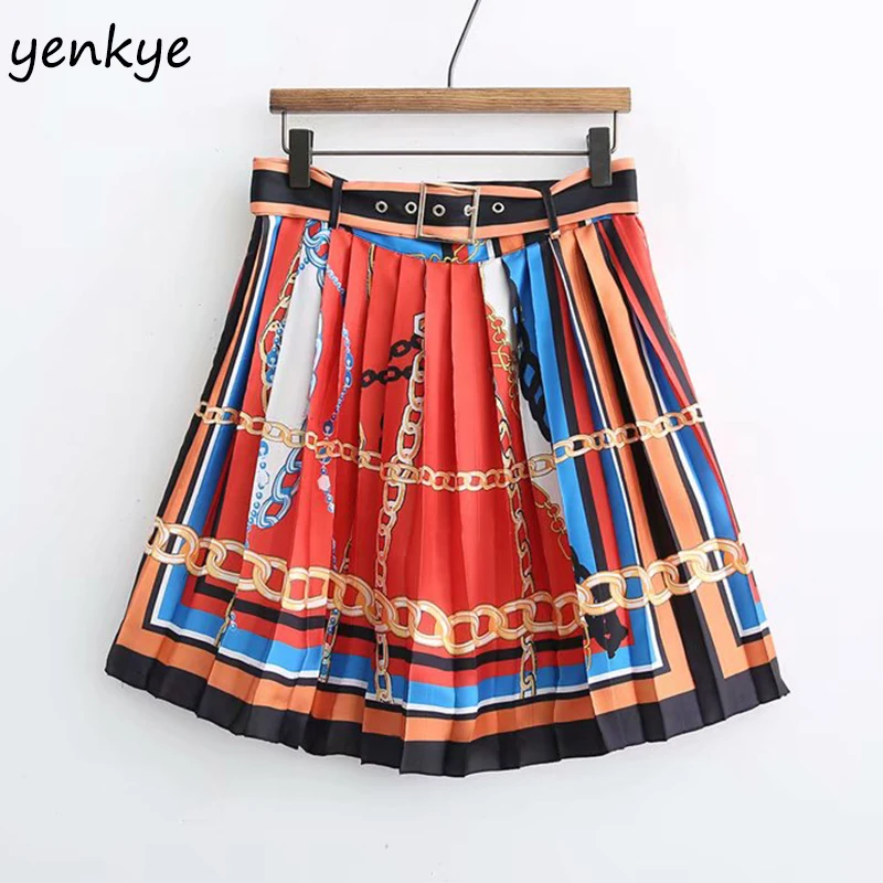 

2019 Vintage Chain Print Pleated Skirt Women European Style Knee Length With Belt High Waist Skirt XDWM1736