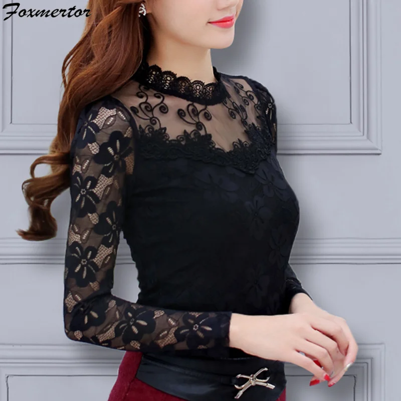 

Womens Blouse Shirt 2019 Black White Sexy Long Casual Long Sleeve Lace Blusas Under Shirts Elastic Tops and Blouses Women New