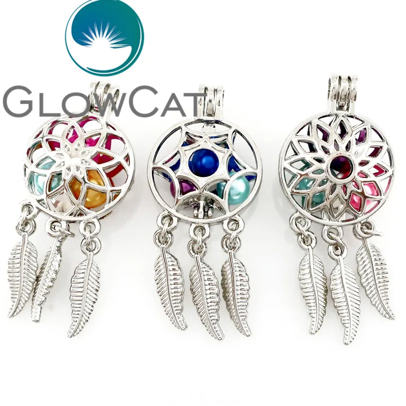 

GLOWCAT 3X 22162 Dreamcatcher Lotus Flower Leaf Beads Cage Jewelry Making Essential Oil Diffuser Pearl Cage Locket Pendant