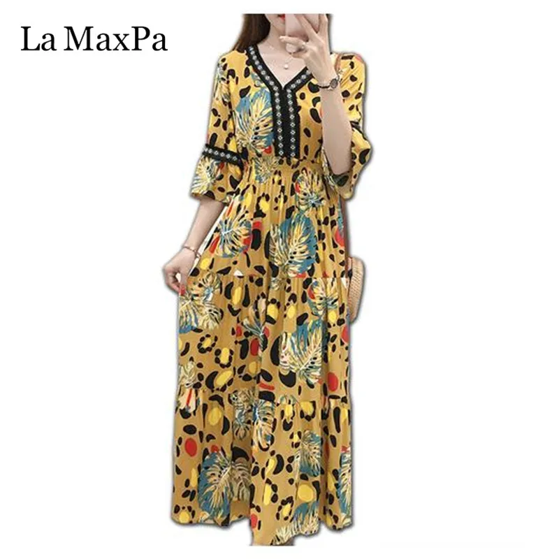 

Floral Print Bohemian Beach Dress 2019 Summer Women Cotton Dress Ruffles Casual 3/4 Sleeve V-Neck Loose Dresses Vestidos