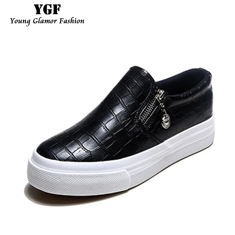 

YGF Women Platform Flats Shoes 2017 Fashion PU Leather Flat Shoes Casual Breathable Women Lazy Shoes White Black Creepers