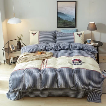 

New 4Pcs British Style Bedding set stripe Embroidery washed Cotton Queen size Bedsheet set Duvet cover Fit sheet Pillowcases
