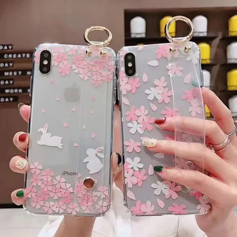 

Transaprent Cover with Wrist Strap for iPhone 6 plus 6 6s 7 8 8 plus Flower Print Case for iPhone XS MAX XR XS X Shockproof Case