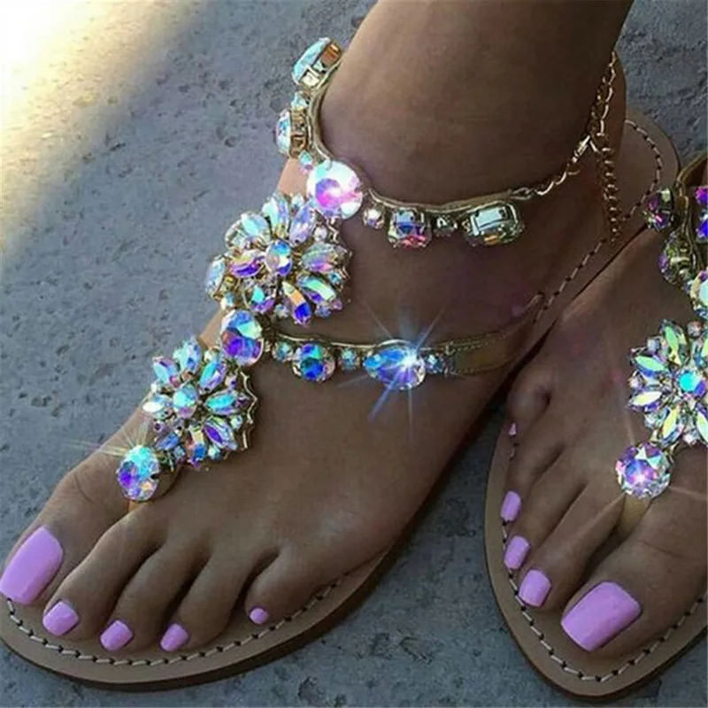 

Woman Sandals Women Shoes Rhinestones Chains Thong Gladiator Flat Sandals Crystal Chaussure Plus Size 46 tenis feminino