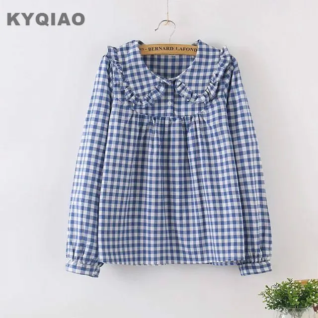 

KYQIAO Women's plaid shirt 2019 mori girls autumn Japanese style peter pan collar long sleeve blue white plaid blouse blusa