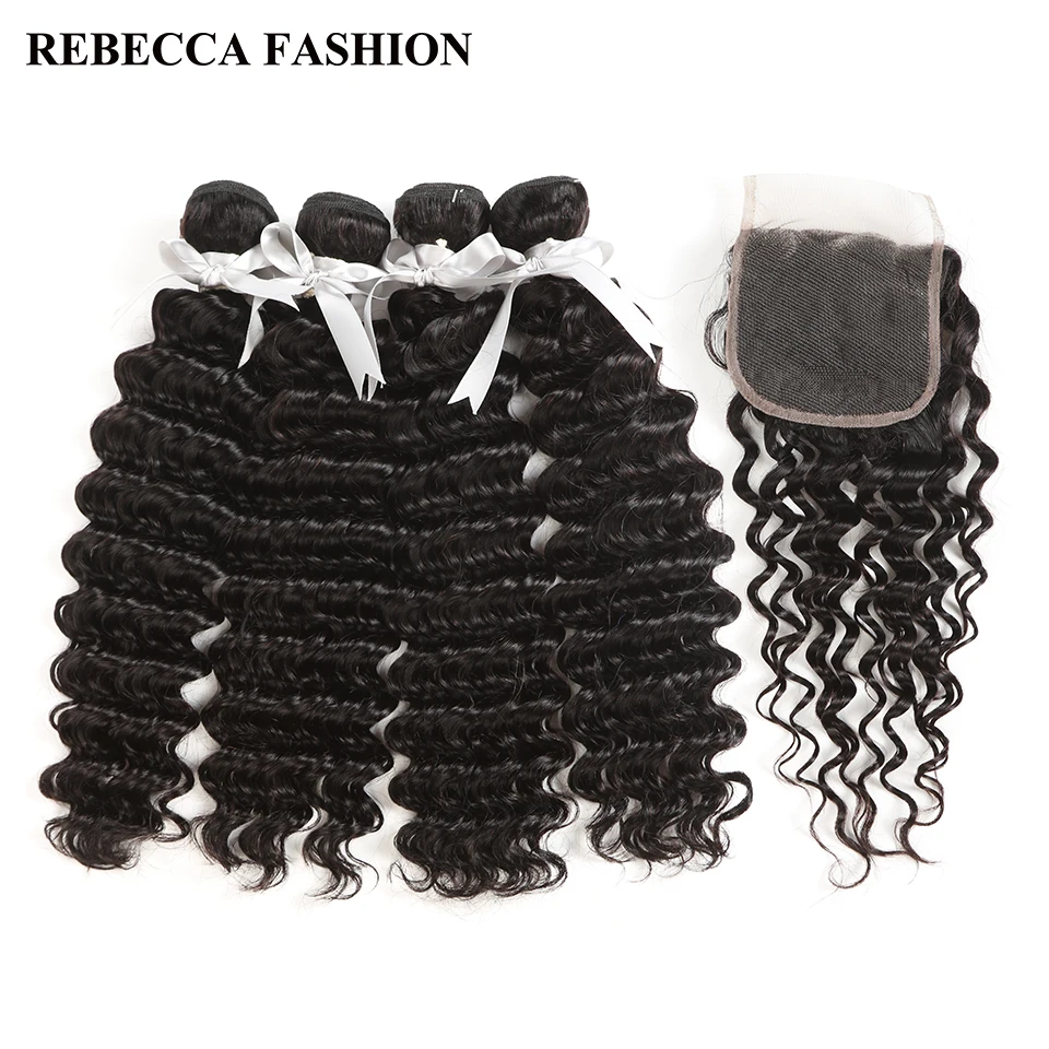 Rebecca не Реми перуанской глубокая волна с закрытием человеческих волос Weave 4 Связки с 4X4 закрытия шнурка волос расширения Бесплатная доставка