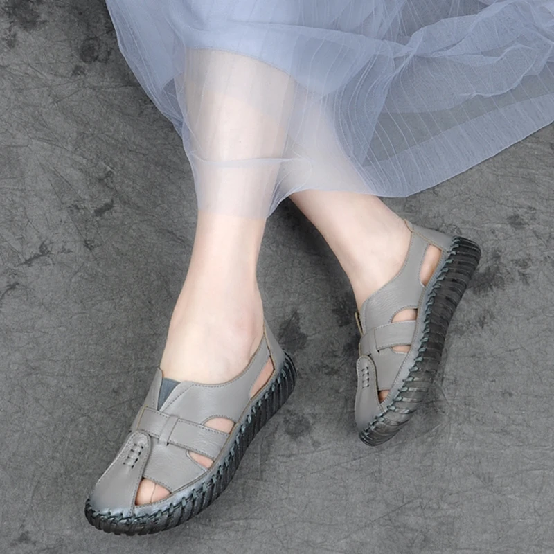 

Women Leather Sandals Flat Heels Lazy Shoes Summer Ladies Sandals Handmade Soft Bottom Sandals White casual Plus Size
