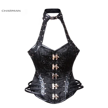 

Charmian Women's Gothic Retro Steampunk Corset Steel Boned Overbust Corset Black Heavy Halter Bustier Corselet Corpete