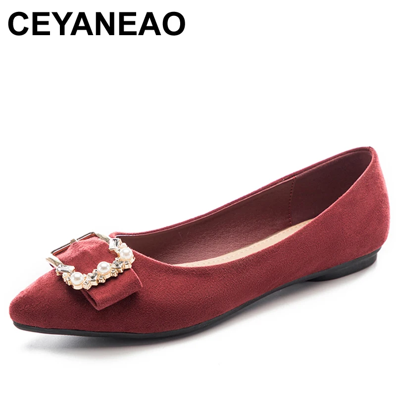 

CEYANEAOSpring Luxury Women Fashion Soft Pear Rhinestone Pointed Toe Ballet Flat Suede Girl Butterfly Knot Large Size Desig Shoe
