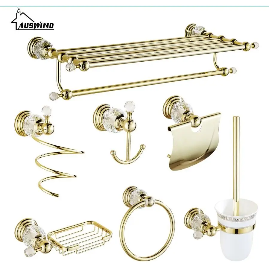 Antique Gold Brass Polished Bathroom Hardware Set Crystal Bathroom Accessories Set Er1 Clear Crystal Makes Bathroom Luxury