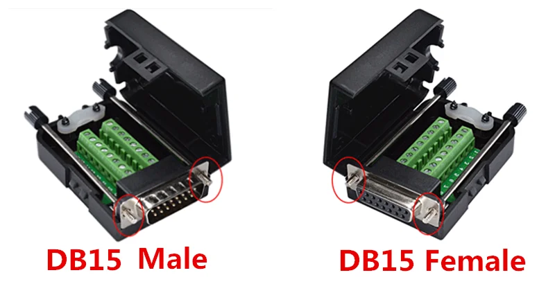 

5pcs DB15 D-SUB Female/Male 2 Row 15 Pin Plug Breakout Terminals Board Connector Screw Type Black Plastic Cover