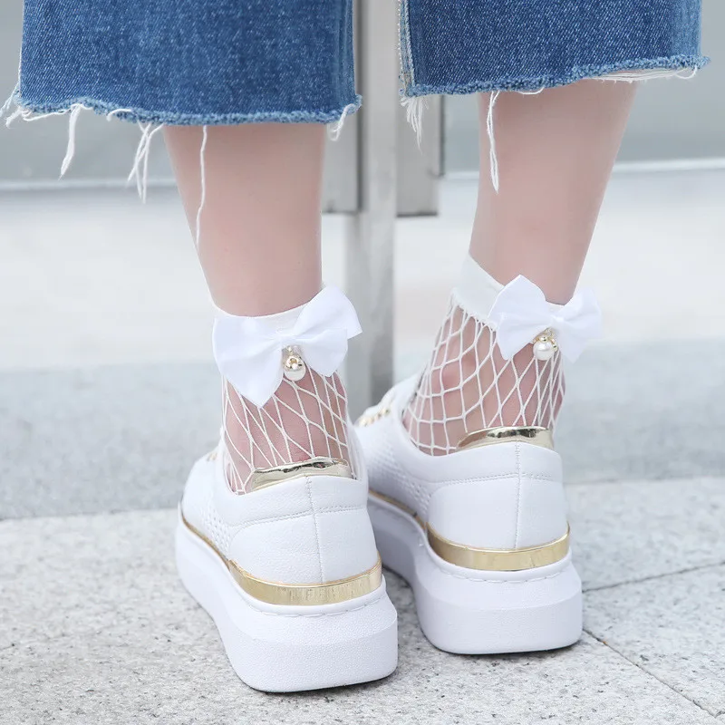Летние носки для женщин, одноцветные носки длиной по щиколотку в сеточку с рюшами, кружевные короткие носки в сеточку M#6 - Цвет: White