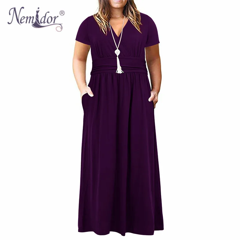 Nemidor Women's Short Sleeve V-Neck Wrap Waist Plus Size Casual Maxi Dress with Pocket (5)